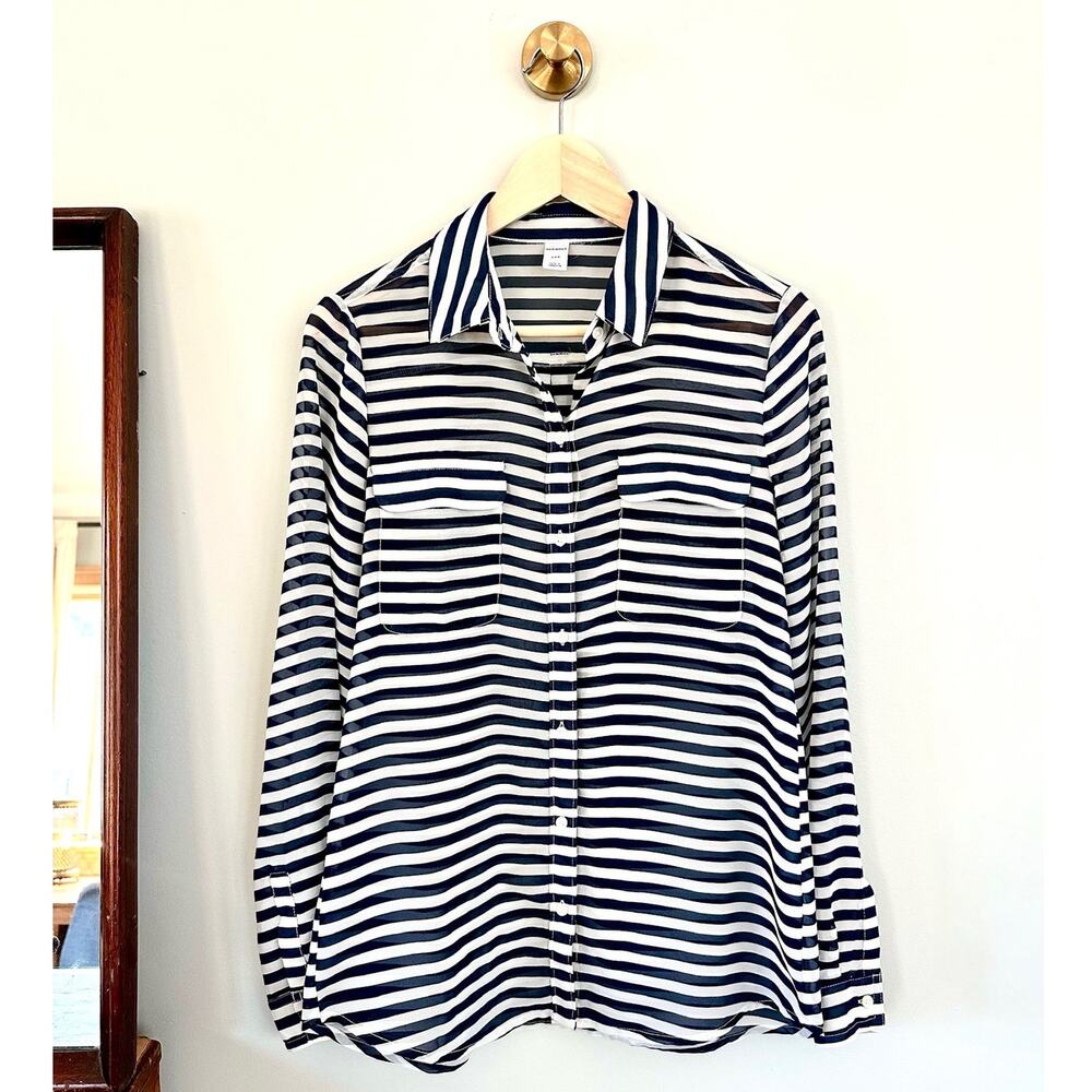Old Navy Striped Sheer Button Down Shirt Small Navy White Long Sleeve Blouse
